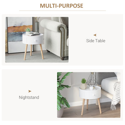 HOMCOM Modern Side Table, Small Coffee Table, Round Bedside Table with Drawer and Wood Legs for Living Room, Bedroom, White 