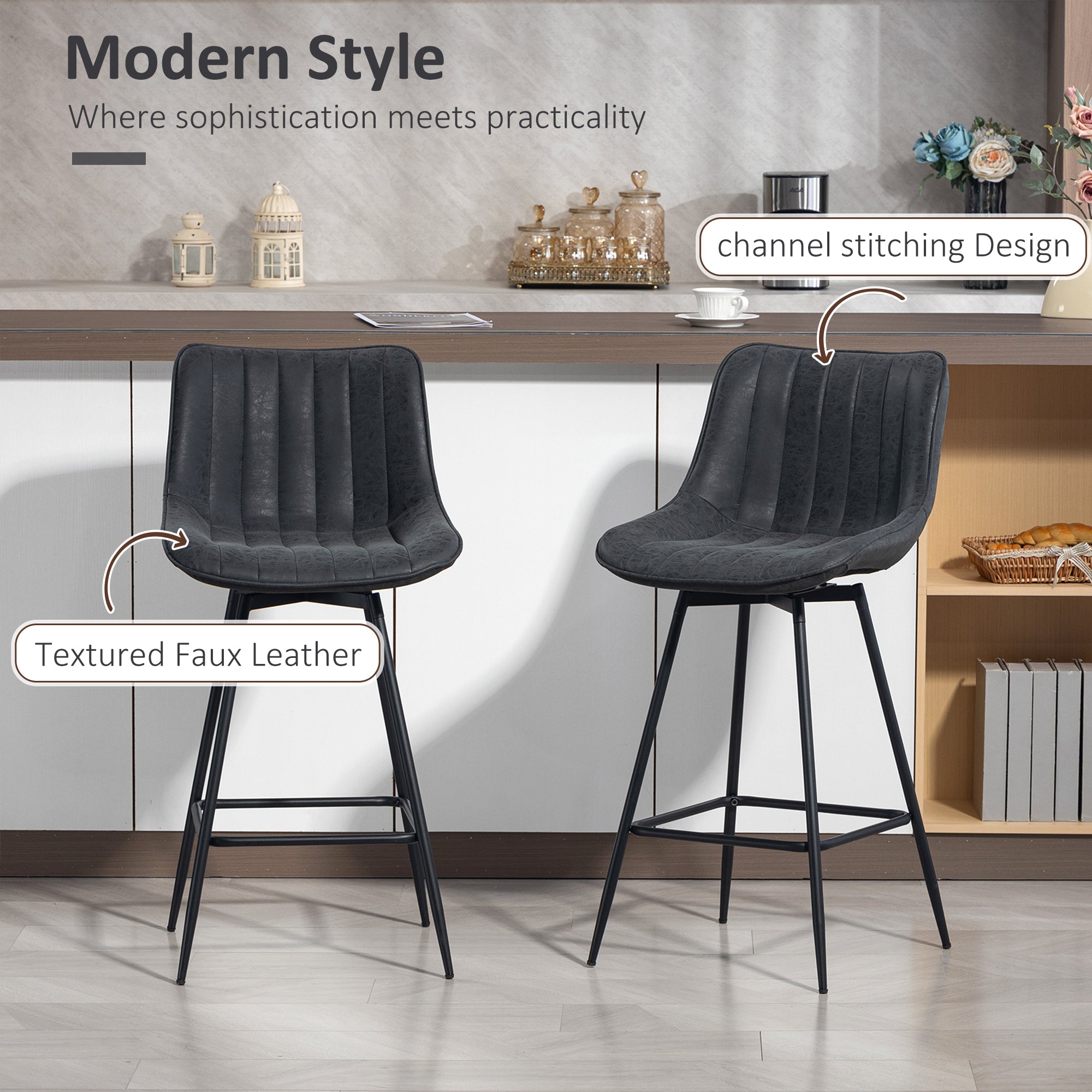 HOMCOM Set of 2 PU Leather Swivel Bar Stools - Black 