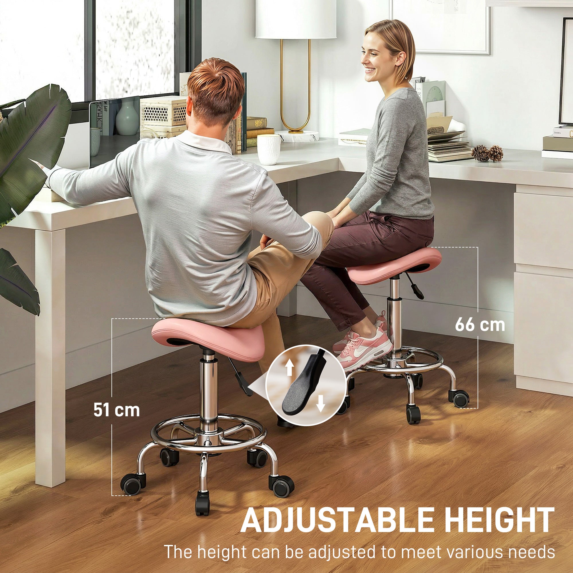 HOMCOM Salon Saddle Stool, Rolling Saddle Chair for Massage, Spa, Clinic, Beauty, Hairdressing and Tattoo, Pink 