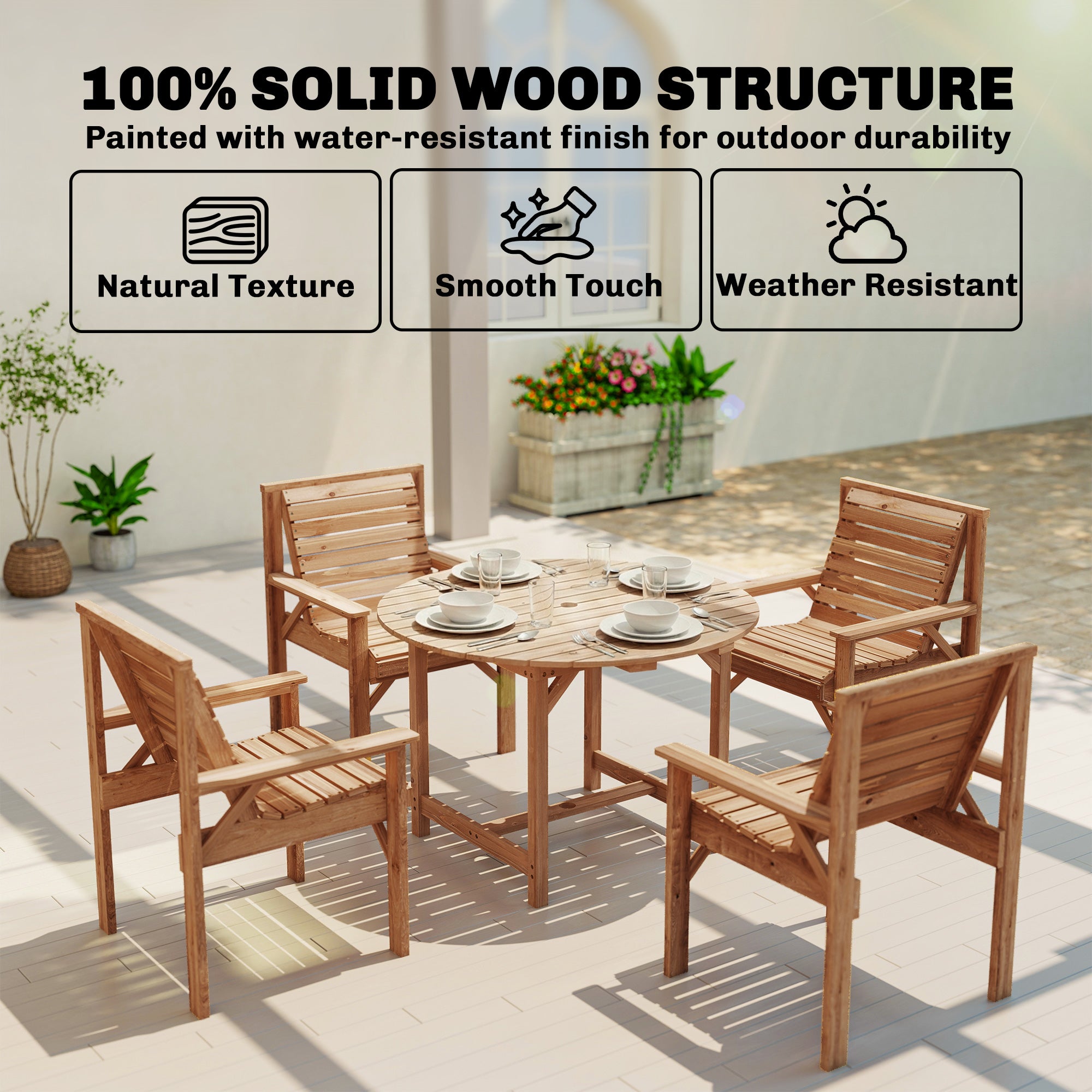 Outsunny 5 Pieces Garden Dining Set with Parasol Hole, Round Outdoor Table and Chairs, 4 Seater Wooden Garden Furniture, Natural 