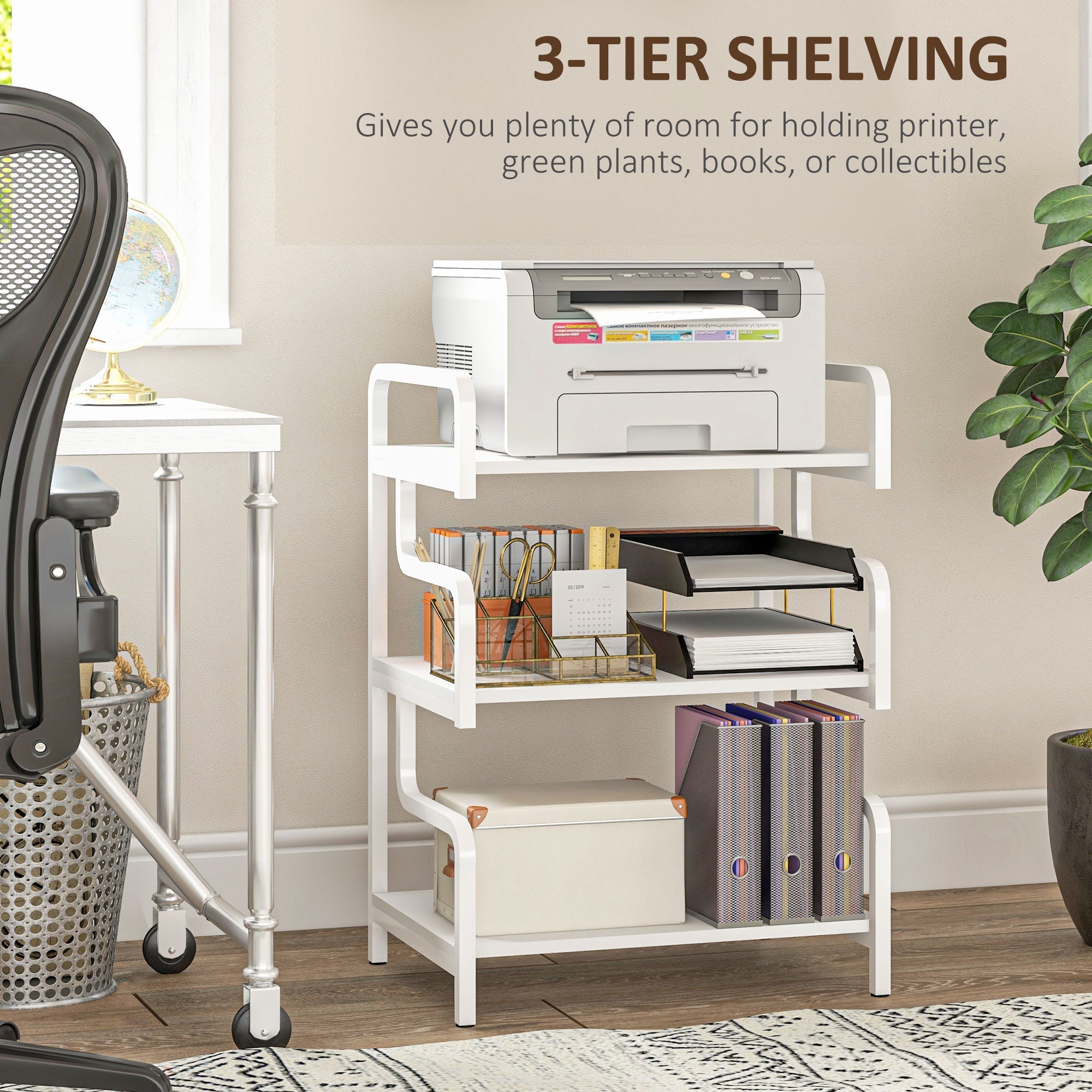 HOMCOM 3-Tier Printer Stand with Storage Shelves, Printer Table, 55 x 40 x 77cm Printer Shelf for Home Office, Study, White 