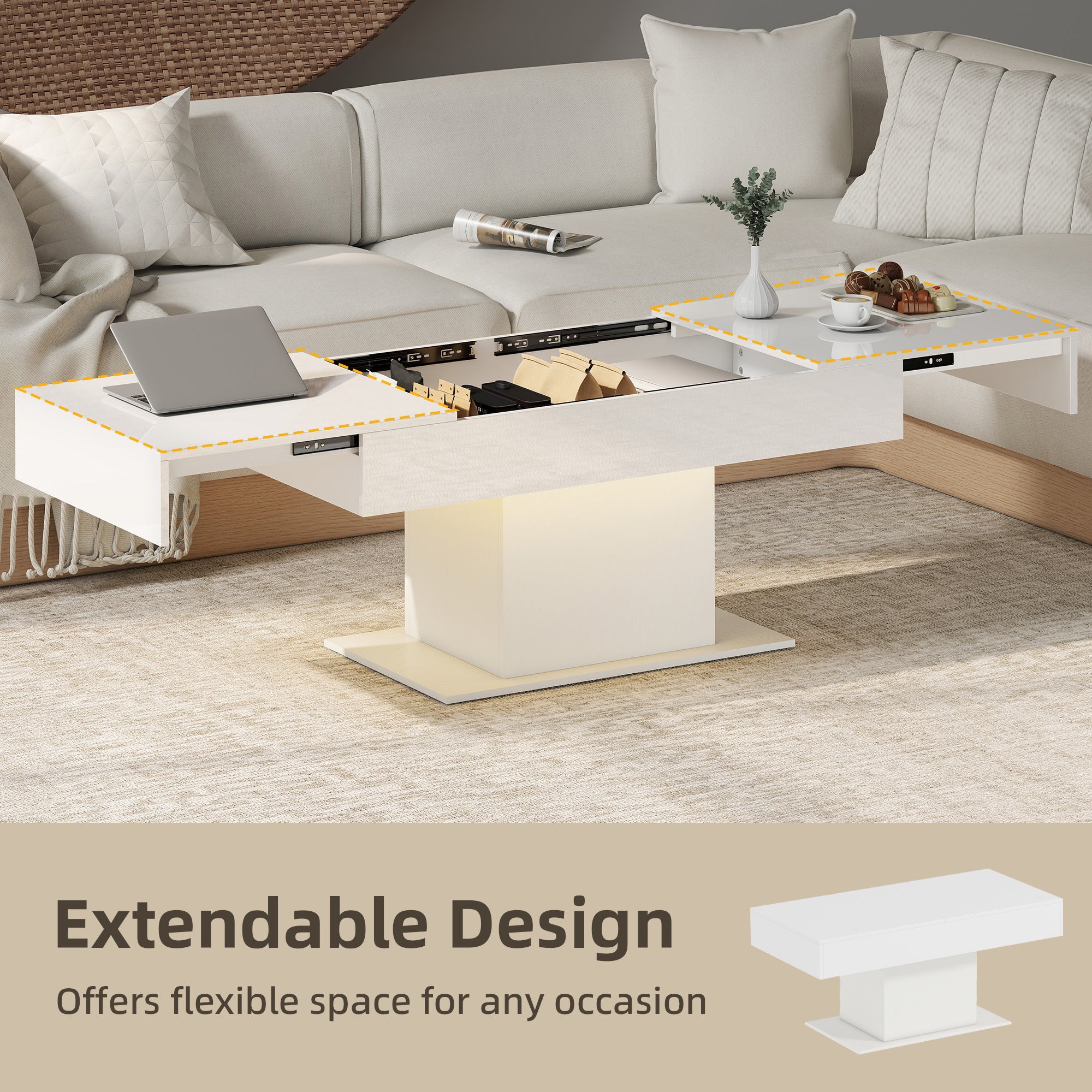HOMCOM Extendable Coffee Table with LED Lights and Storage - High Gloss White 