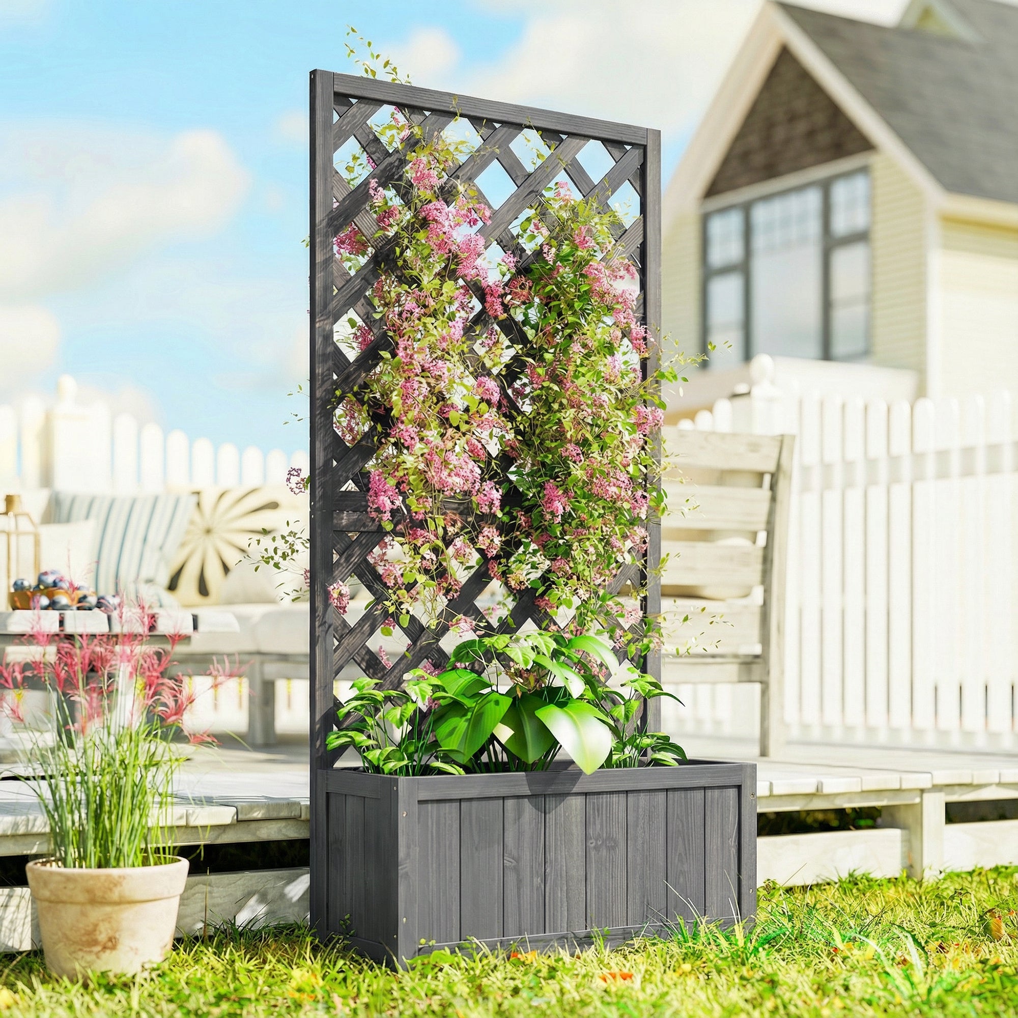 Outsunny Wood Planter with Trellis for Climbing Plants, Raised Bed, Planter Box with Drainage Holes to Grow Herbs Flowers, Grey 