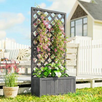 Outsunny Wood Planter with Trellis for Climbing Plants, Raised Bed, Planter Box with Drainage Holes to Grow Herbs Flowers, Grey 