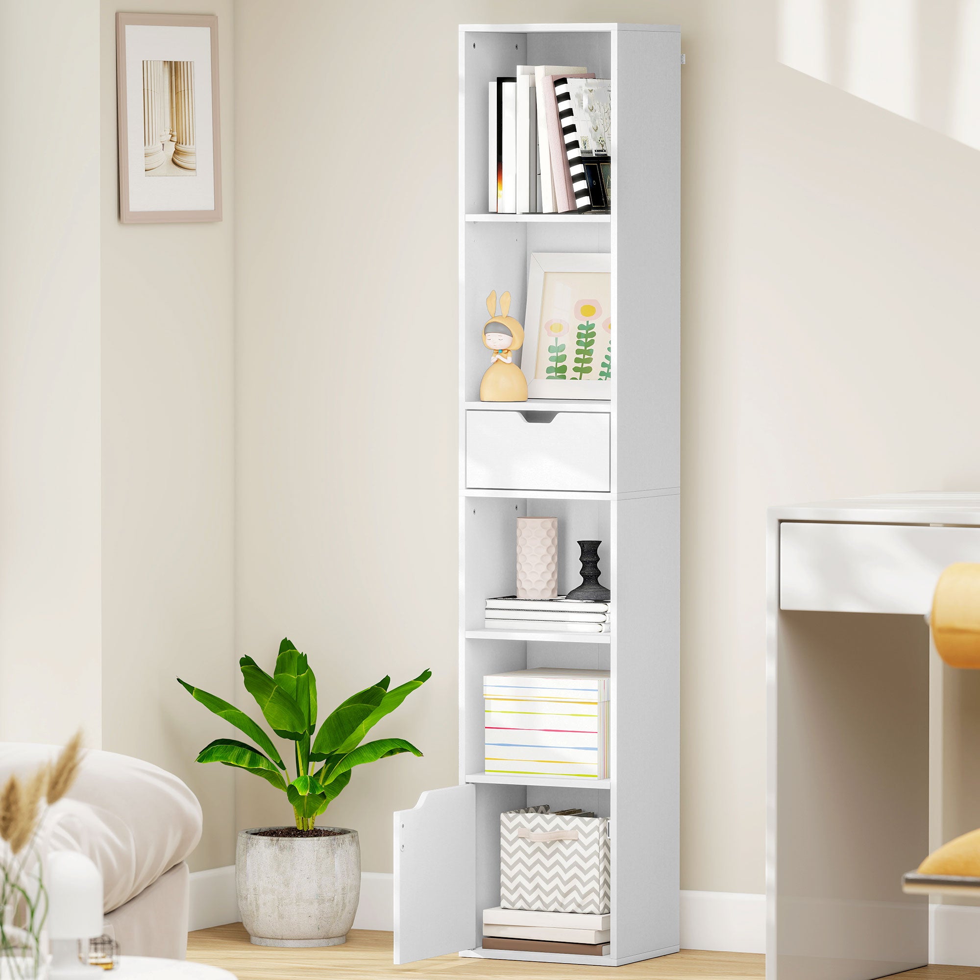 HOMCOM 6-Tier Bookcase, Tall Narrow Bookshelf with Drawer and Door - White 