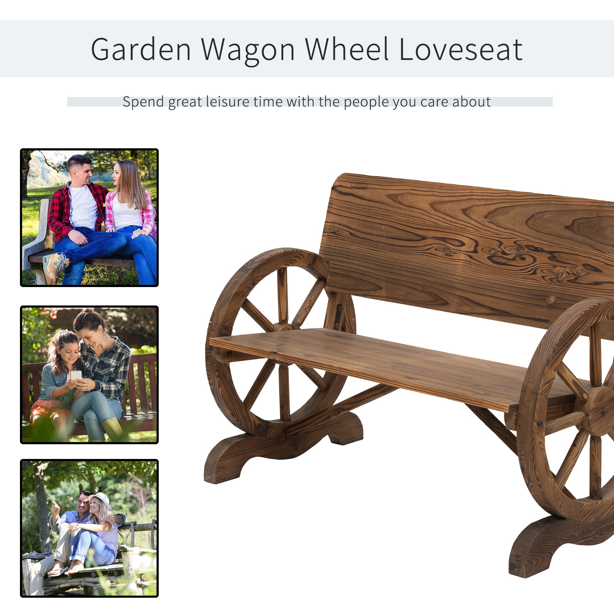 Outsunny Fir Wood 2-Seater Outdoor Garden Wagon Wheel Bench 