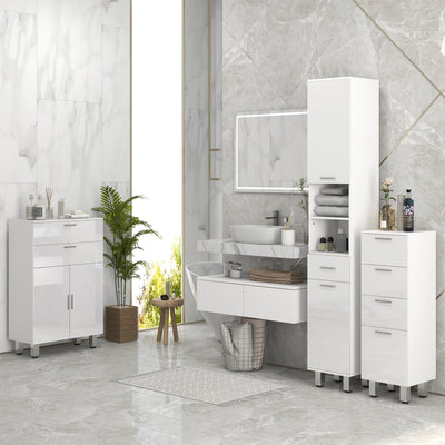 kleankin 71" Tall Slim Bathroom Storage Cabinet, Tall Narrow Cupboard with Drawer, Open Shelves, 2 Doors Cabinets and Adjustable Shelves for Kitchen, Hallway, Living Room, High Gloss White 