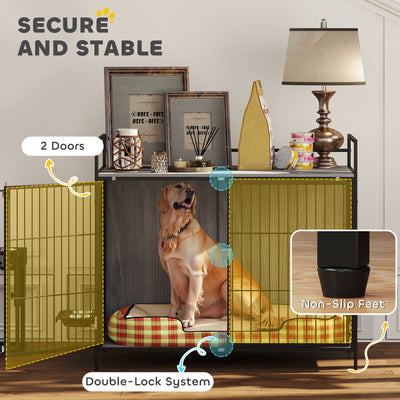 PawHut Large Dog Crate Furniture with Rotating Bowl Holder, 2 Bowls, 2 Doors, for Large Dogs, 100 x 60 x 88 cm, Grey 