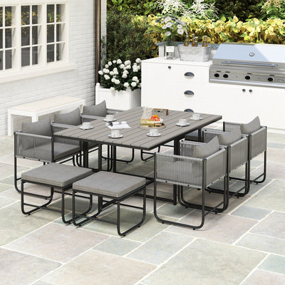 Outsunny 10 Seater Rattan Cube Garden Furniture Set, Rattan Dining Set with Cushions, Outdoor Dining Table and Chairs with 6 Armchairs, 4 Stools, Rectangular Wood Grain Plastic Top Table, Grey 