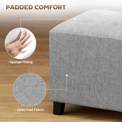 HOMCOM Square Footstool, Small Ottoman with Side Pocket, Linen Fabric Footrest Foot Stool with Rubber Wood Legs and Padded Seat for Living Room, Bedroom, Entryway, 35 x 35 x 35cm, Light Grey