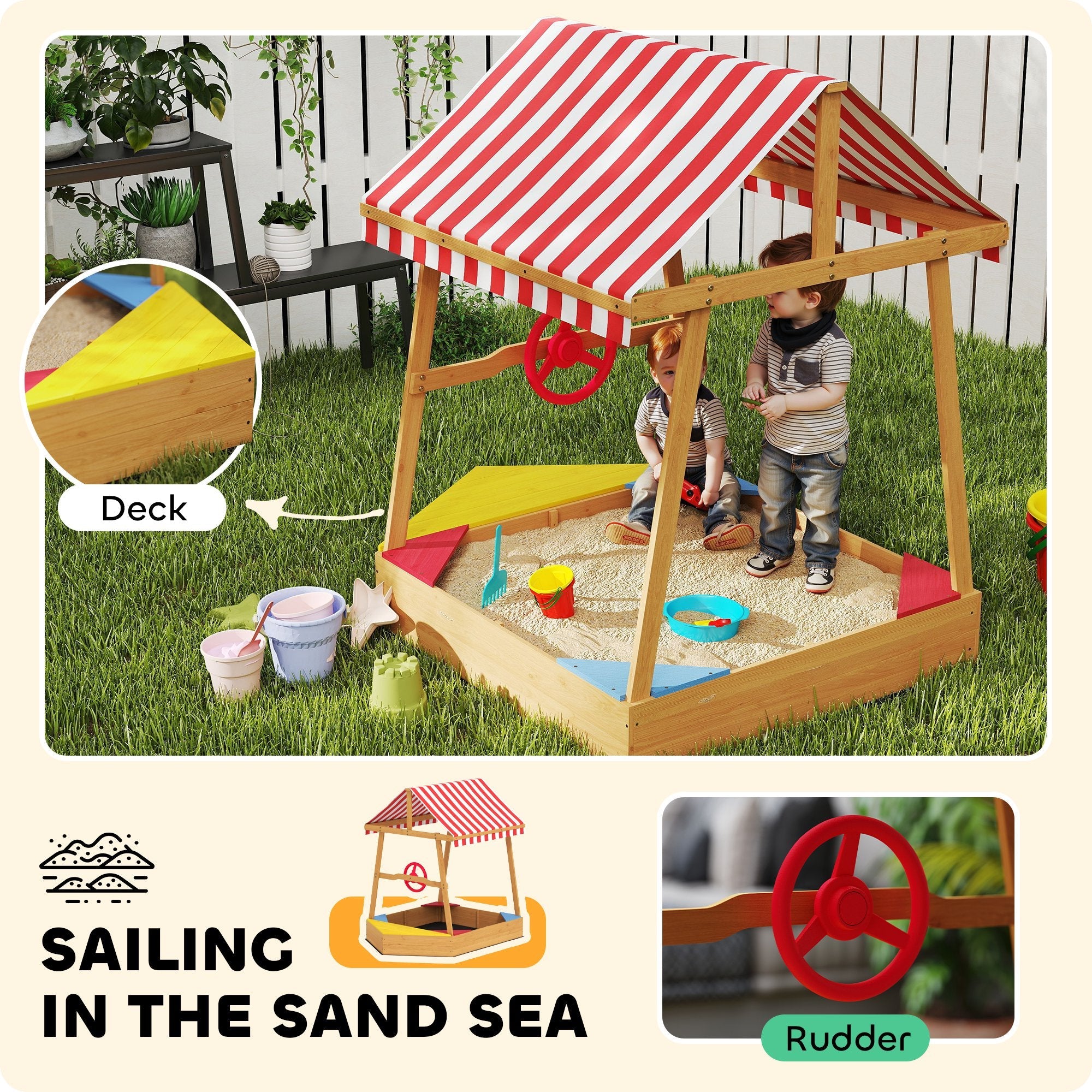 AIYAPLAY Wooden Kids Sandpit Boat Style with Canopy, 4 Seats, Rudder, Bottom Liner, for Children 3-8 Years, Yellow 
