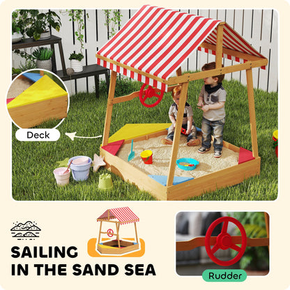 AIYAPLAY Wooden Kids Sandpit Boat Style with Canopy, 4 Seats, Rudder, Bottom Liner, for Children 3-8 Years, Yellow 