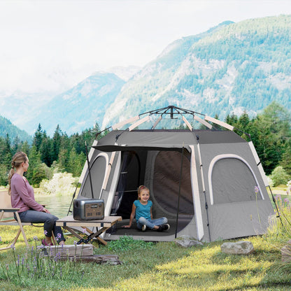 Outsunny Instant Camping Tent, 2/3/4 Person Easy Setup Family Tent with Vestibule, Rainfly, 4 Mesh Windows & 2 Doors, Hexagonal Design, Waterproof UV Protected Dome Tent, Dark Grey 