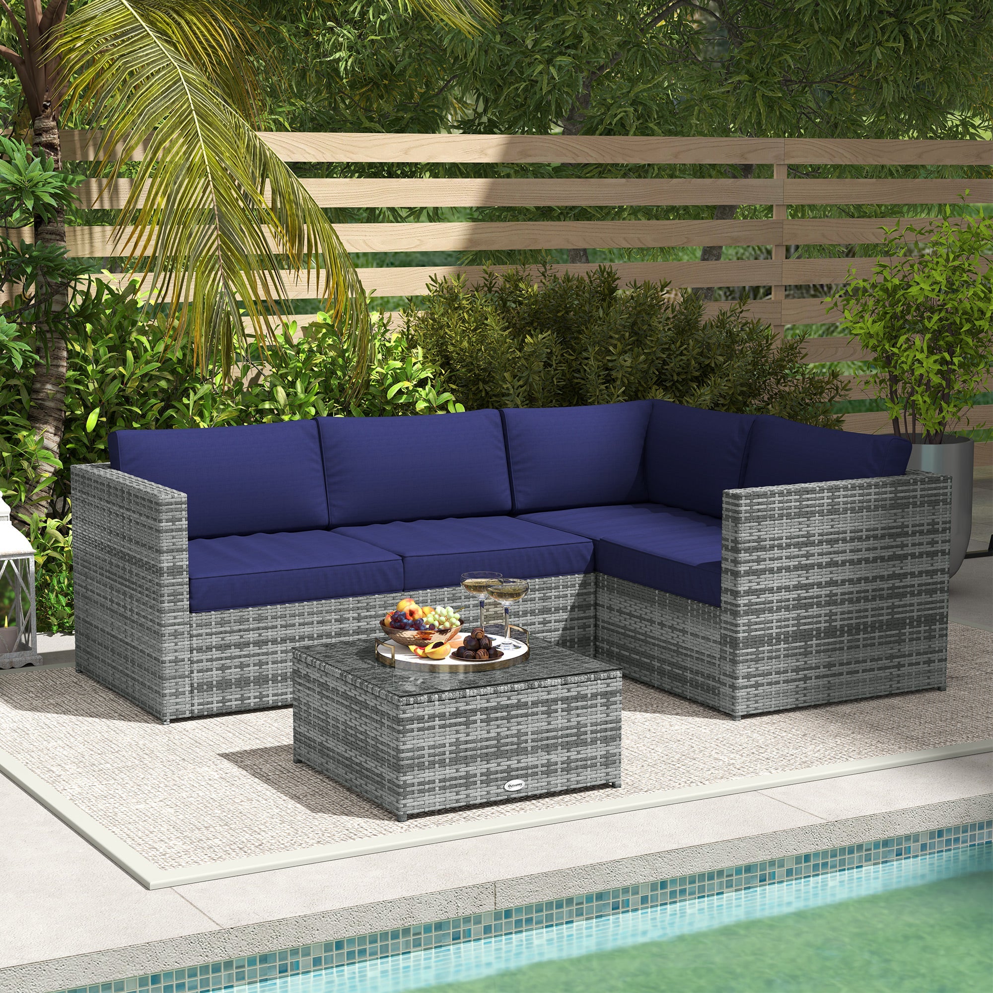 Outsunny 3 Pieces PE Rattan Garden Furniture Set with 10 cm Thick Cushions, 4 Seater Garden Corner Sofa Set with Glass Top Coffee Table, Outdoor Furniture for Patio, Porch, Blue 