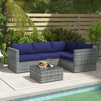 Outsunny 3 Pieces PE Rattan Garden Furniture Set with 10 cm Thick Cushions, 4 Seater Garden Corner Sofa Set with Glass Top Coffee Table, Outdoor Furniture for Patio, Porch, Blue 