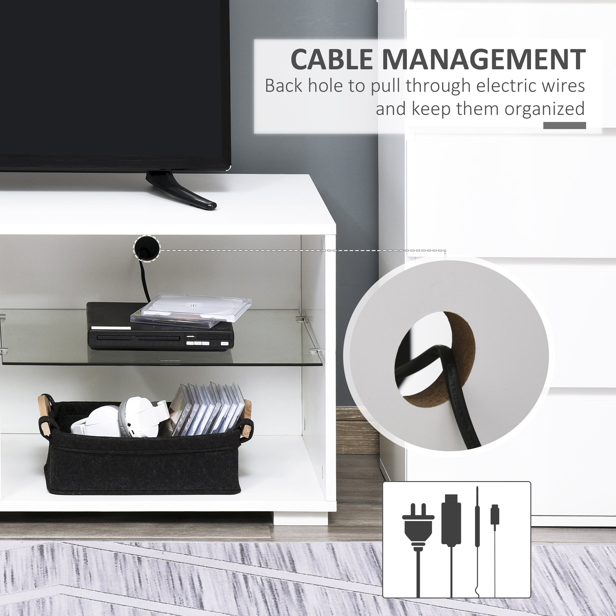 HOMCOM High Gloss TV Stand Storage Cabinet with 2 Shelves for Living Room Home Furniture White 