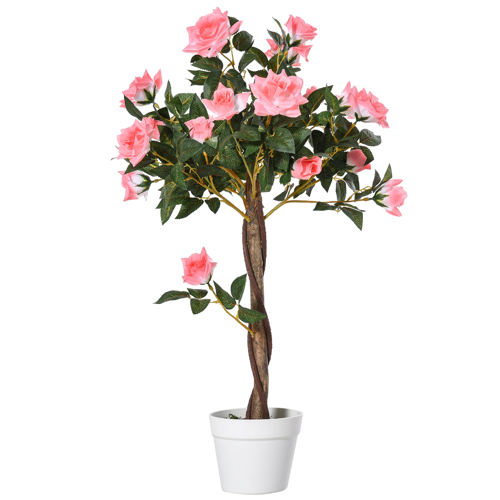 Outsunny Artificial Plants Pink Rose Floral in Pot, Fake Plants for Home Indoor Outdoor Decor, 90cm 