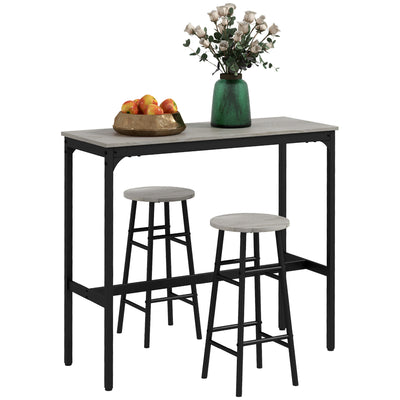 HOMCOM 3 Piece Bar Table Set with 2 Stools, Industrial Bar Table and Stool Set, Dining Table and Chair Set, Grey 