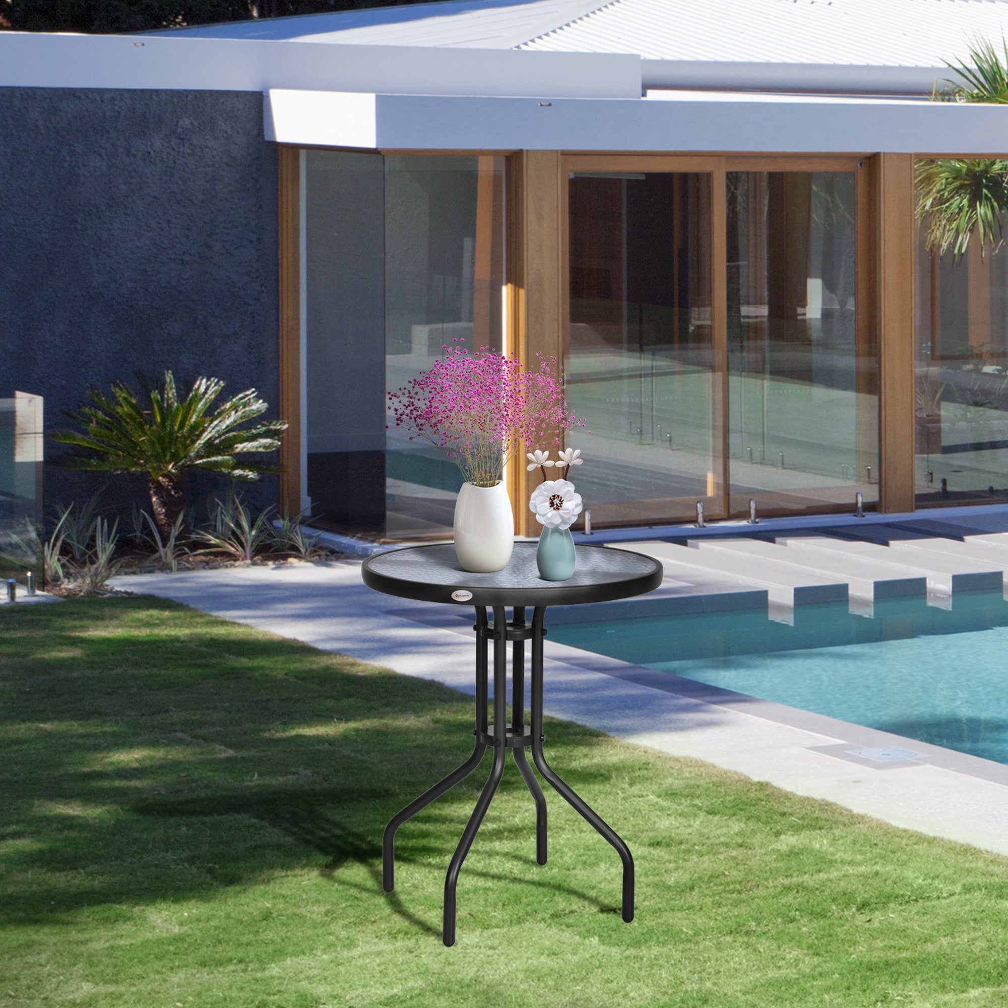 Outsunny Bistro Coffee Table Outdoor Tempered Glass Top Table Garden Round Dining Table - 60cm Diameter 