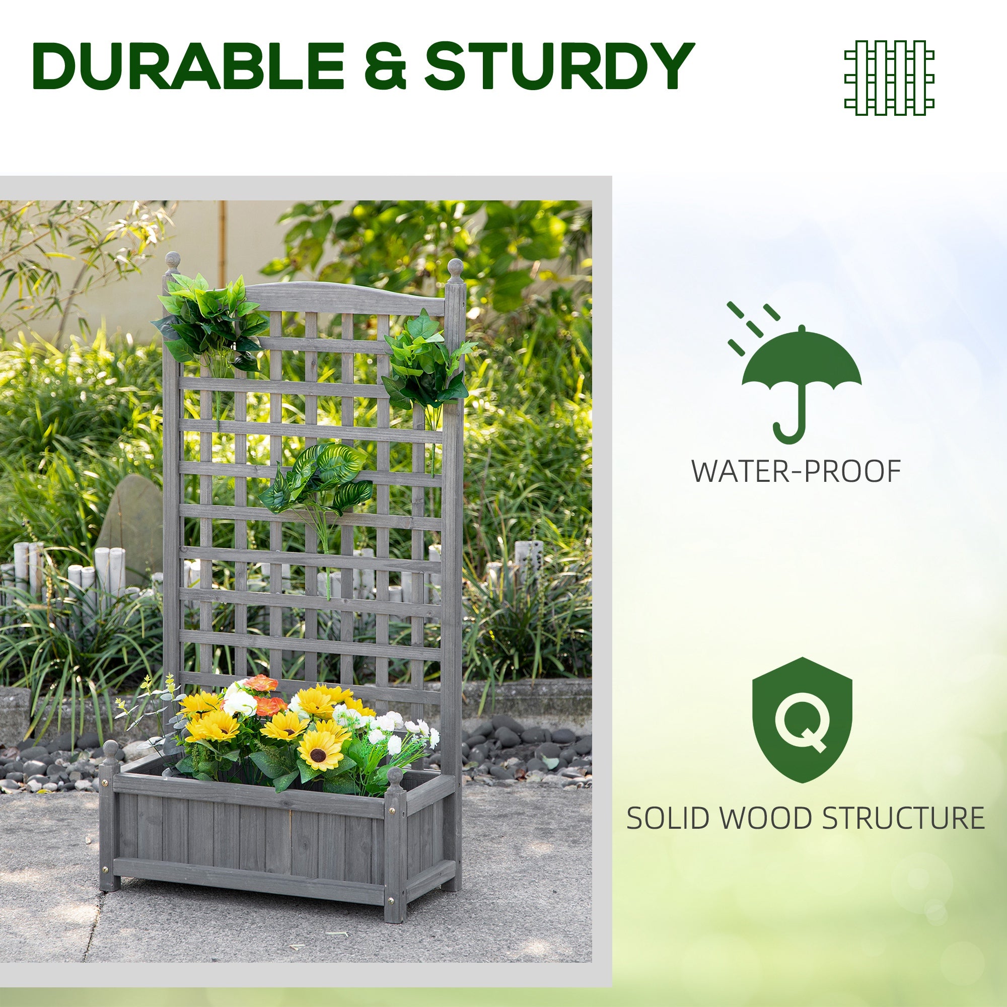 Outsunny Garden Planters with Trellis for Climbing Vines, Wood Raised Beds for Garden, Flower Pot, Indoor Outdoor, Grey 