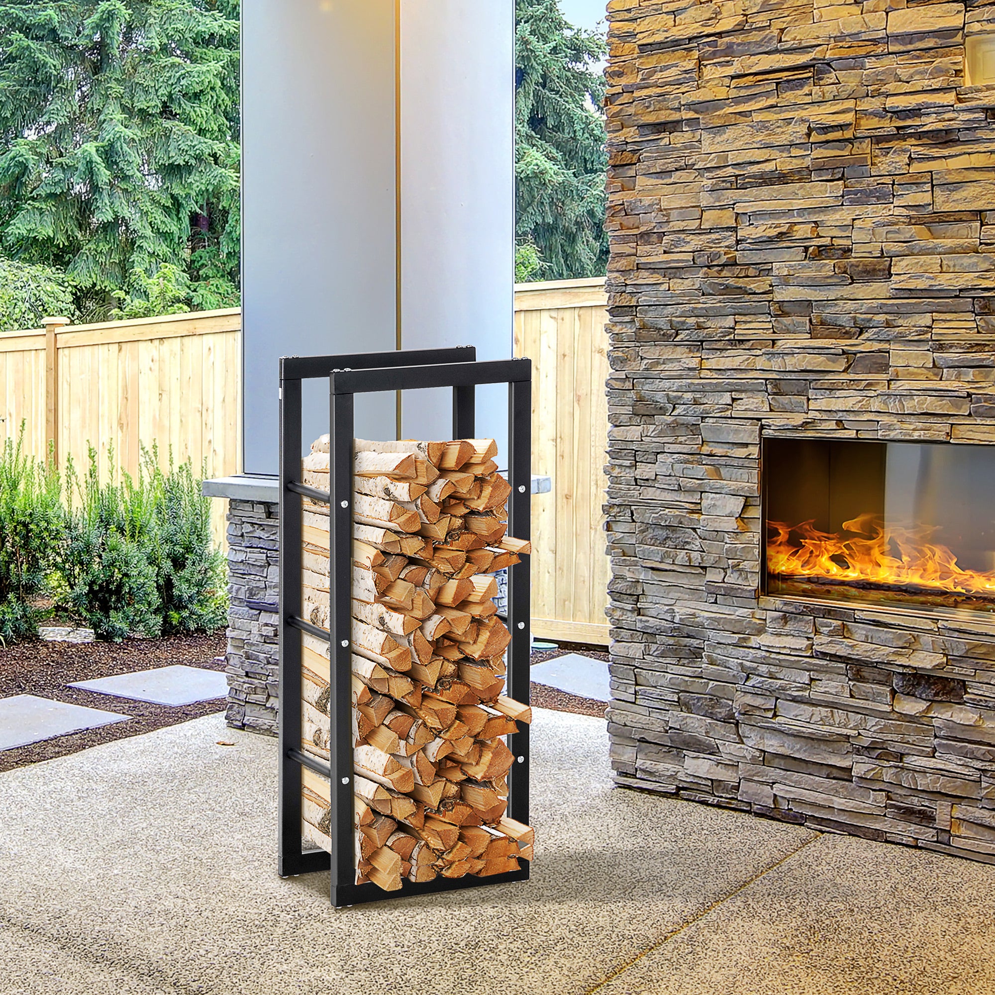 HOMCOM Metal Firewood Log Holder Tall Firewood Rack Indoor Outdoor Fireplace Wood Storage Shelf with Side Rails, Rust-Resistant, Black, 40W x 25D x 100H cm 