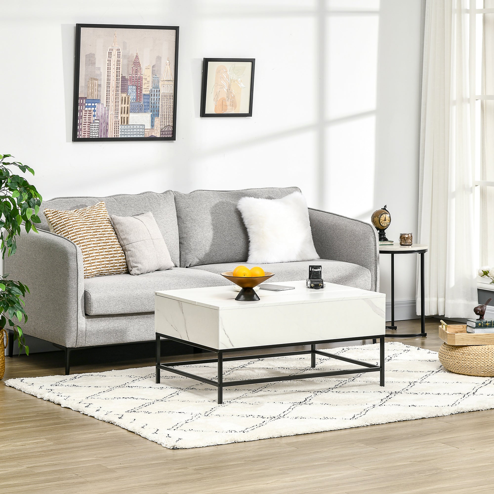 HOMCOM Modern Lifting Coffee Table with Hidden Compartment, Storage Coffee Table for Living Room, Faux Marble White 