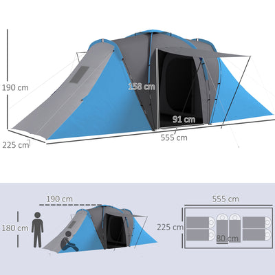 Outsunny Large Camping Tent Tunnel Tent with 2 Bedroom and Living Area, 2000mm Waterproof, Portable with Bag for 4-6 Man, Blue 