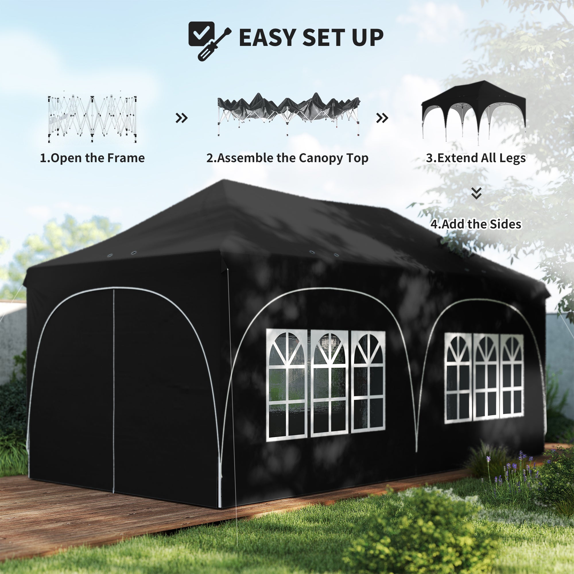 Outsunny 3 x 6m Pop Up Gazebo Shelter with Sides, 6 Sandbags, Peak Top Garden Party Tent Marquee with Carry Bag, Black 