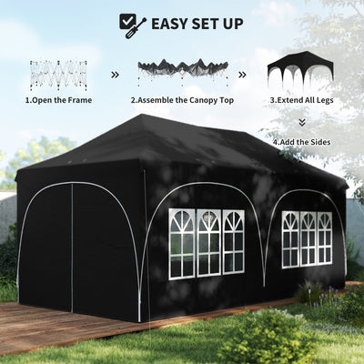 Outsunny 3 x 6m Pop Up Gazebo Shelter with Sides, 6 Sandbags, Peak Top Garden Party Tent Marquee with Carry Bag, Black 