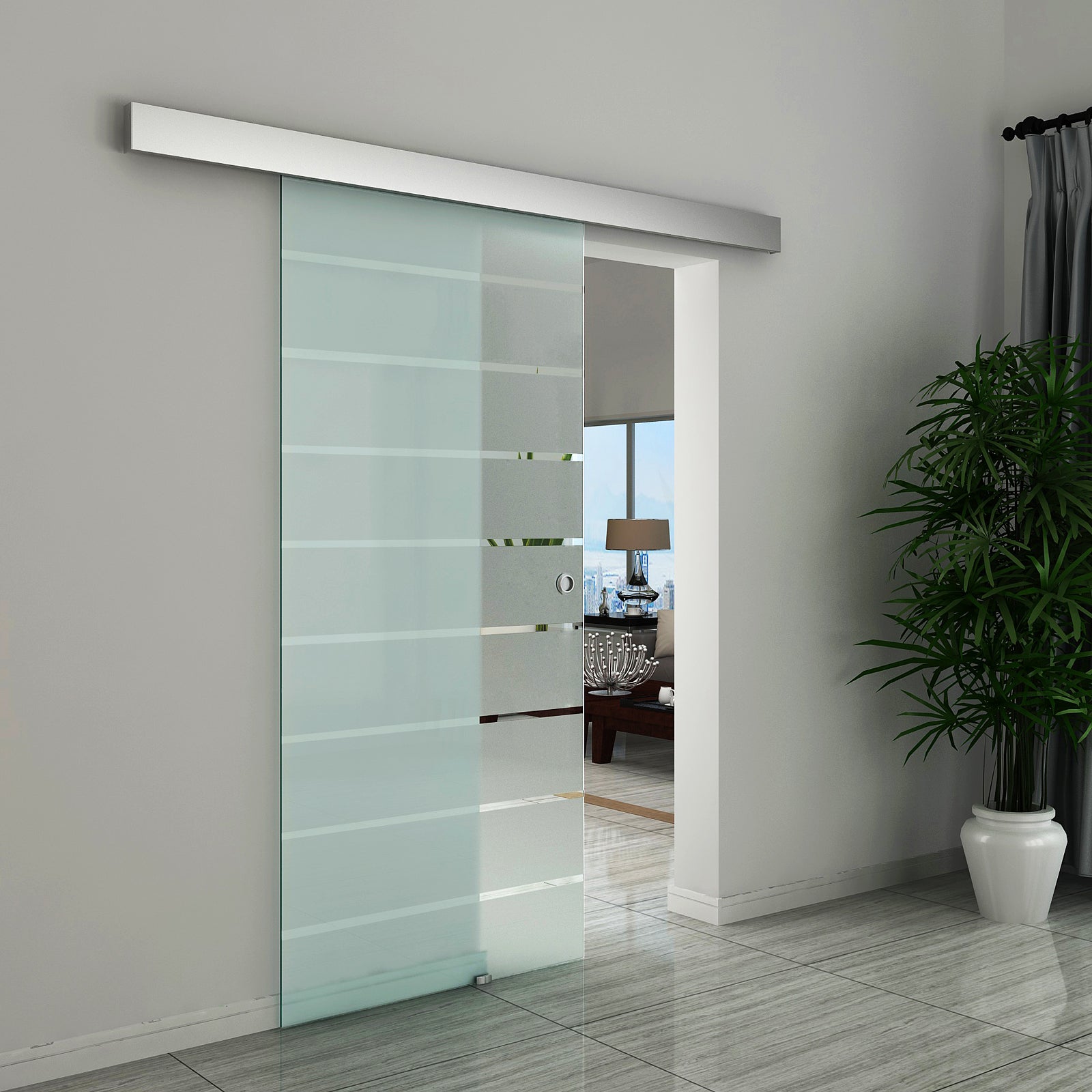 HOMCOM 90cm Sliding Glass Door Set Include Hardware Track Kit, Frosted Tempered Glass with Stripe Pattern, Round Handle 