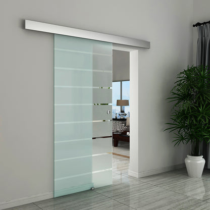 HOMCOM 90cm Sliding Glass Door Set Include Hardware Track Kit, Frosted Tempered Glass with Stripe Pattern, Round Handle 