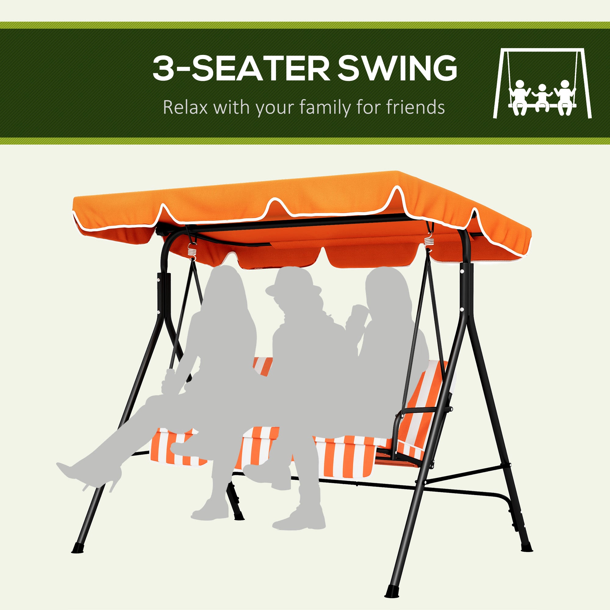 Outsunny Three-Seater Garden Swing Chair, with Adjustable Canopy - Orange Stripe 
