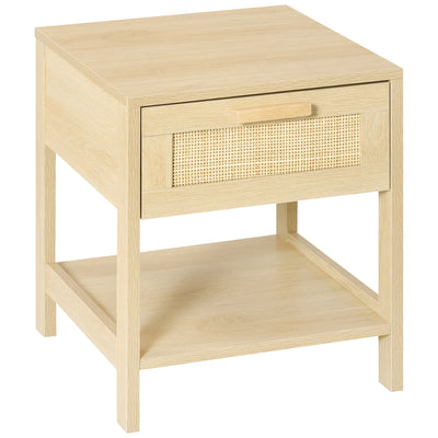 HOMCOM Nightstand with Rattan Drawer and Storage Shelf, Bedside End Table for Bedroom, Living Room 