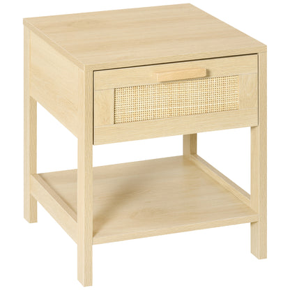 HOMCOM Nightstand with Rattan Drawer and Storage Shelf, Bedside End Table for Bedroom, Living Room 
