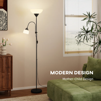 HOMCOM LED Floor Lamp for Living Room, 180cm Tall Standing Lamp, Mother and Child Uplighter with Adjustable Gooseneck, Black