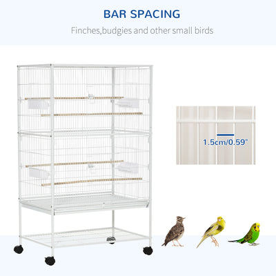 PawHut Large Bird Cage Budgie Cage for Finch Canaries Parakeet with Rolling Stand, Slide-out Tray, Storage Shelf, Food Containers, White 