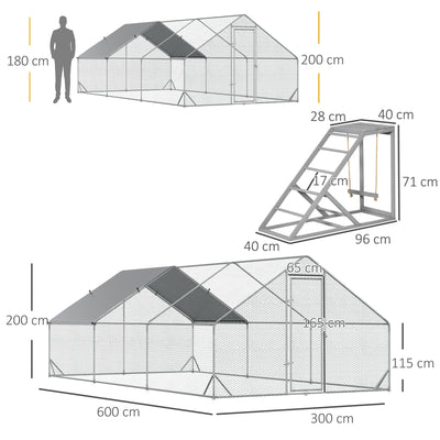 PawHut Walk-in Galvanised Steel Chicken Run with Chicken Activity Shelf and Cover, 3 x 6 x 2m 
