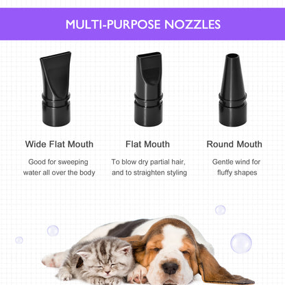 PawHut 2800W Dog Hair Dryer Pet Grooming Blaster Water Blower Dryer w/ 3 Nozzles, Purple 