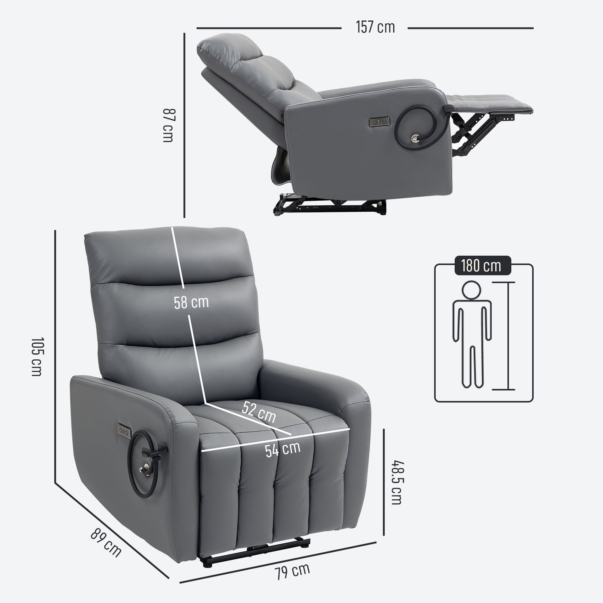 HOMCOM Electric Recliner Armchair with USB + Type C Charge Port, Phone Holder, PU Leather Reclining Chair with Adjustable Leg Rest, Recliner Chair for Home Living Room Theater, Grey 