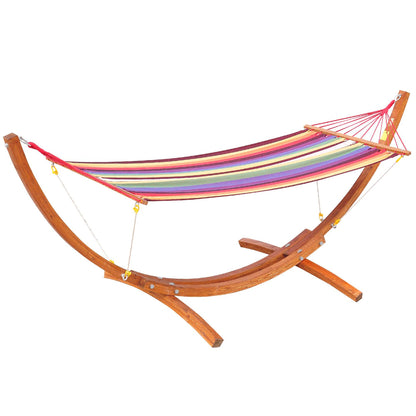 Outsunny Outdoor Hammock with Stand, Free Standing Hammock with Arc Wooden Frame and 200 x 100cm Fabric, Garden Swing Hanging Bed with Safe Ropes, Multicolour 