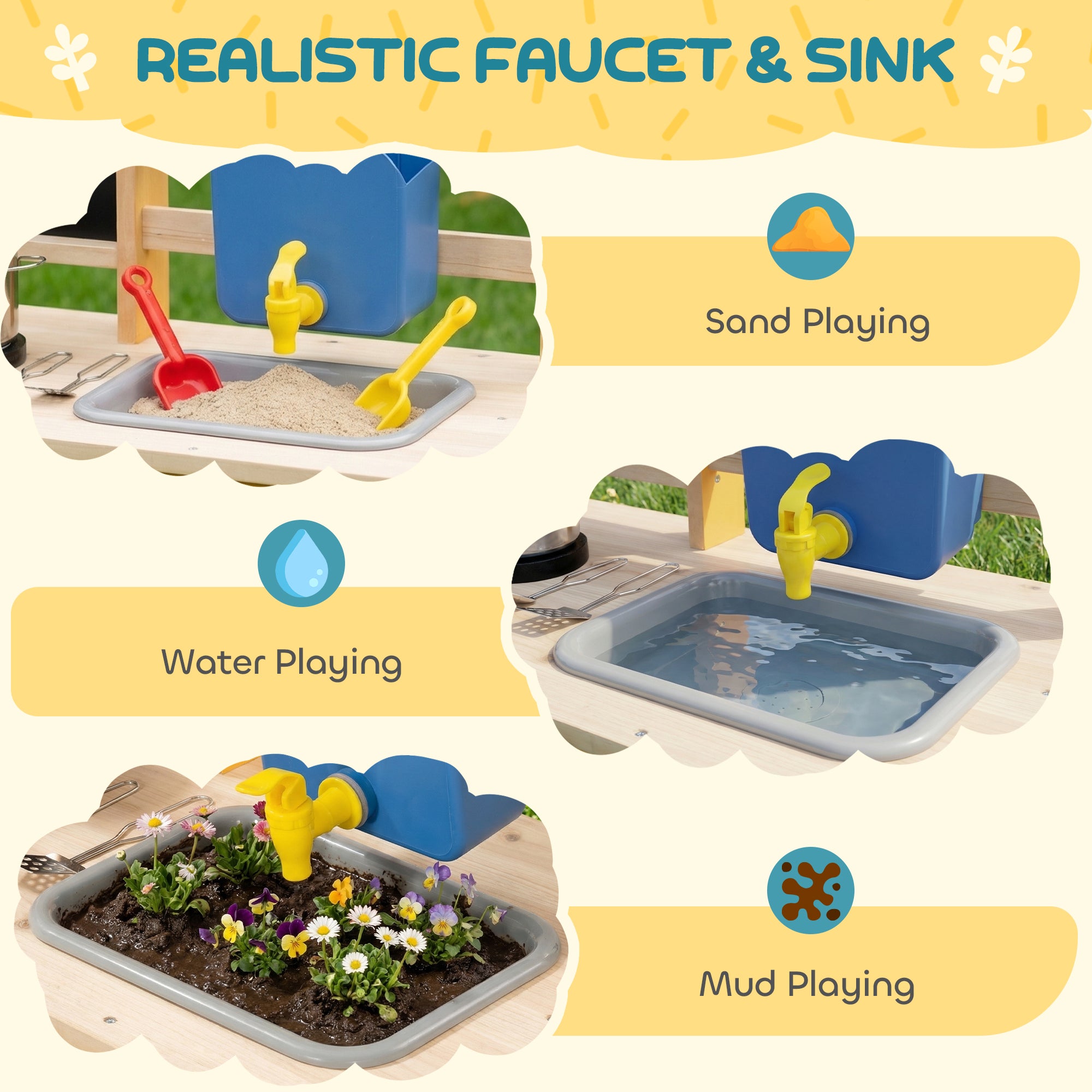 AIYAPLAY Mud Kitchen with Real Water Faucet Pretend Play Kitchen Playset with Sink and Storage Natural Wood 