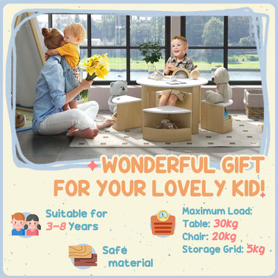 AIYAPLAY Five-Piece Kids Table and Chairs Set with Storage, for Ages 3-8 Years, White 
