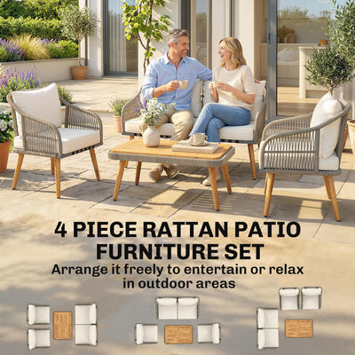 Outsunny 4 Piece Rattan Garden Furniture Set with Loveseat, Armchairs, Wood Table, Wicker Patio Conversation Set, Cream White 