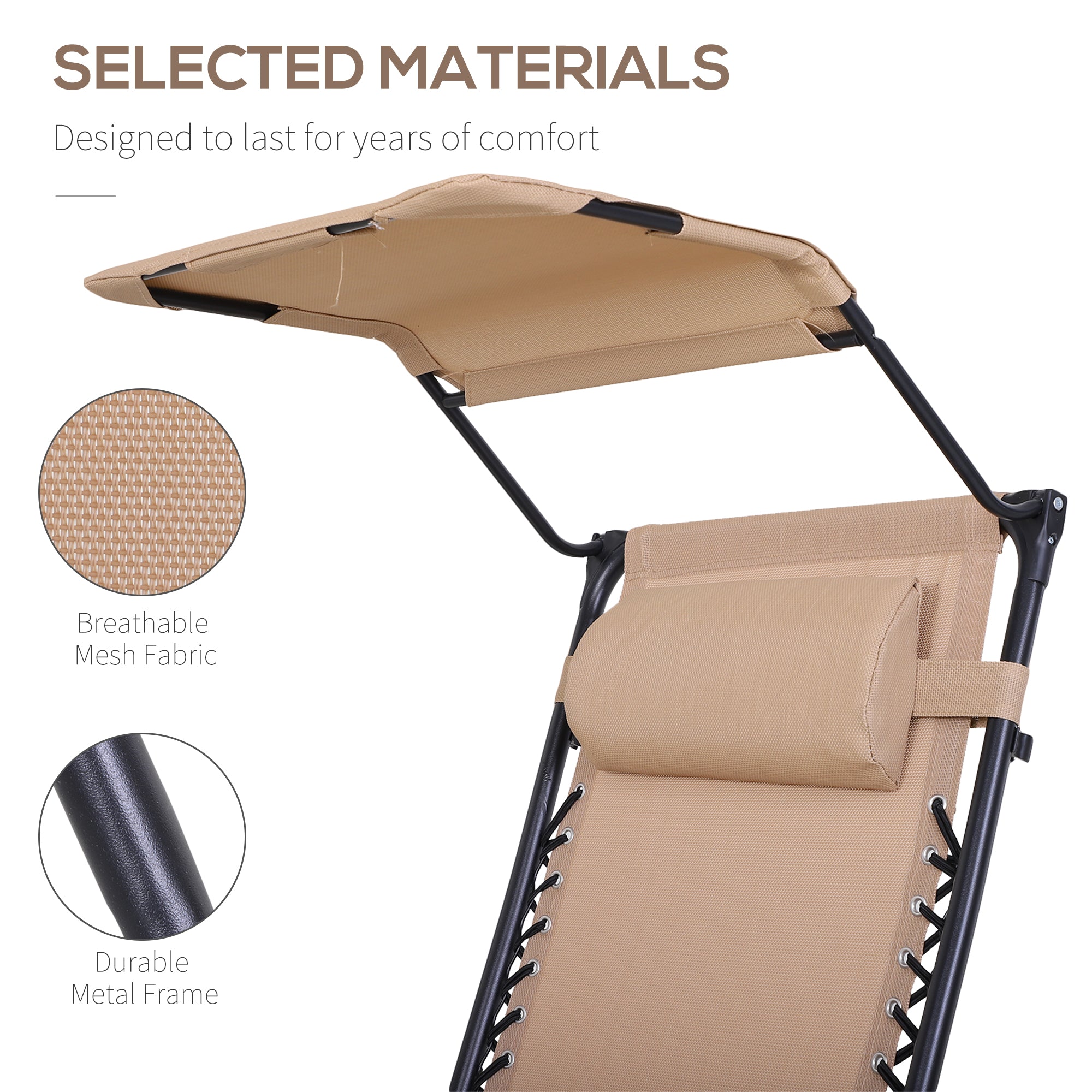Outsunny Foldable Reclining Garden Chair with Headrest, Zero Gravity Deck Sun Lounger Seat Chair with Footrest, Armrest, Cup Holder & Canopy Shade, Beige 