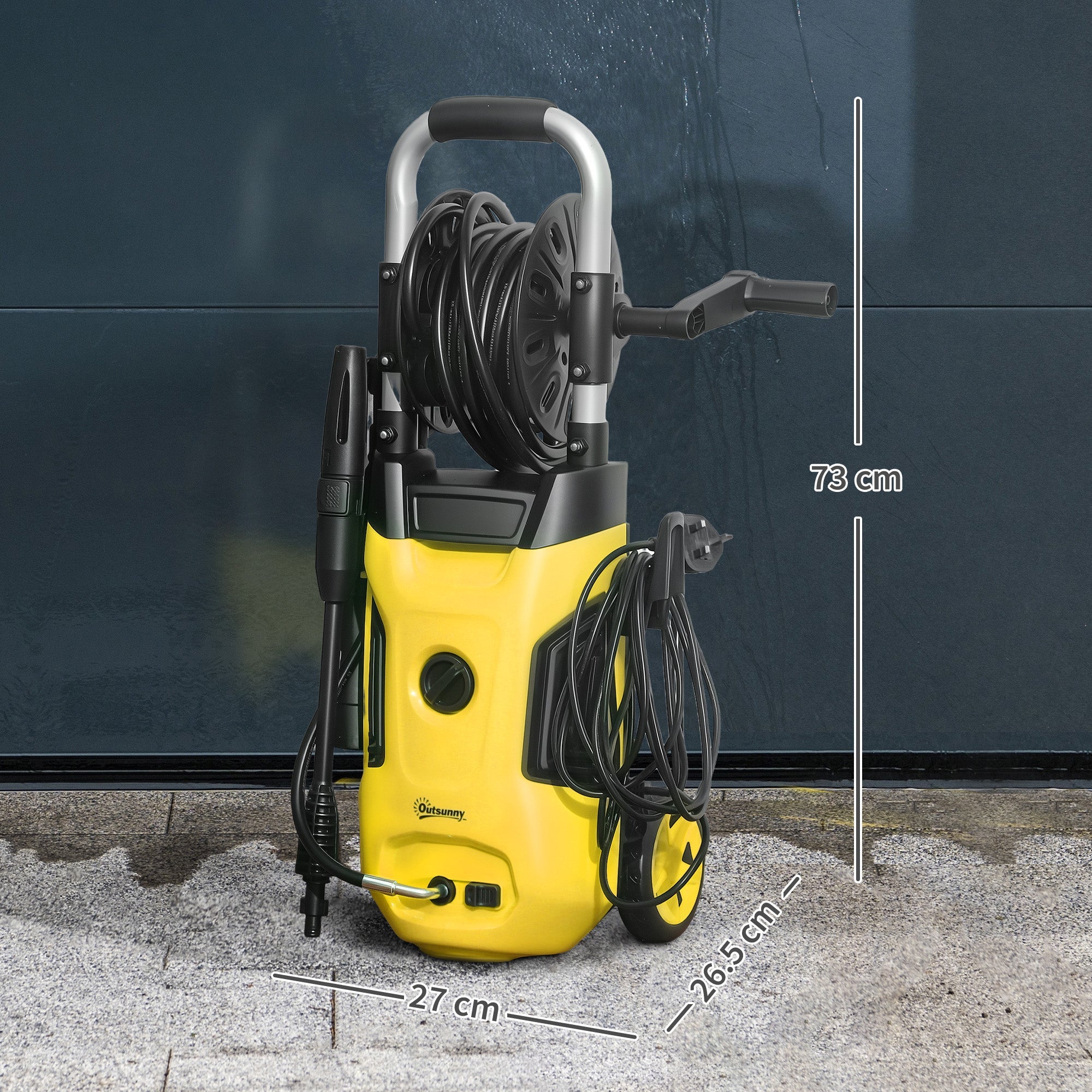 Outsunny 1800W High Pressure Washer, 150 Bar Pressure, 420 L/h Flow, Portable Power Washer Jet Wash Cleaner with Adjustable Nozzle, 6M Hose, Hose Reel, Steel Handle for Home Patio Car Driveway, Yellow 