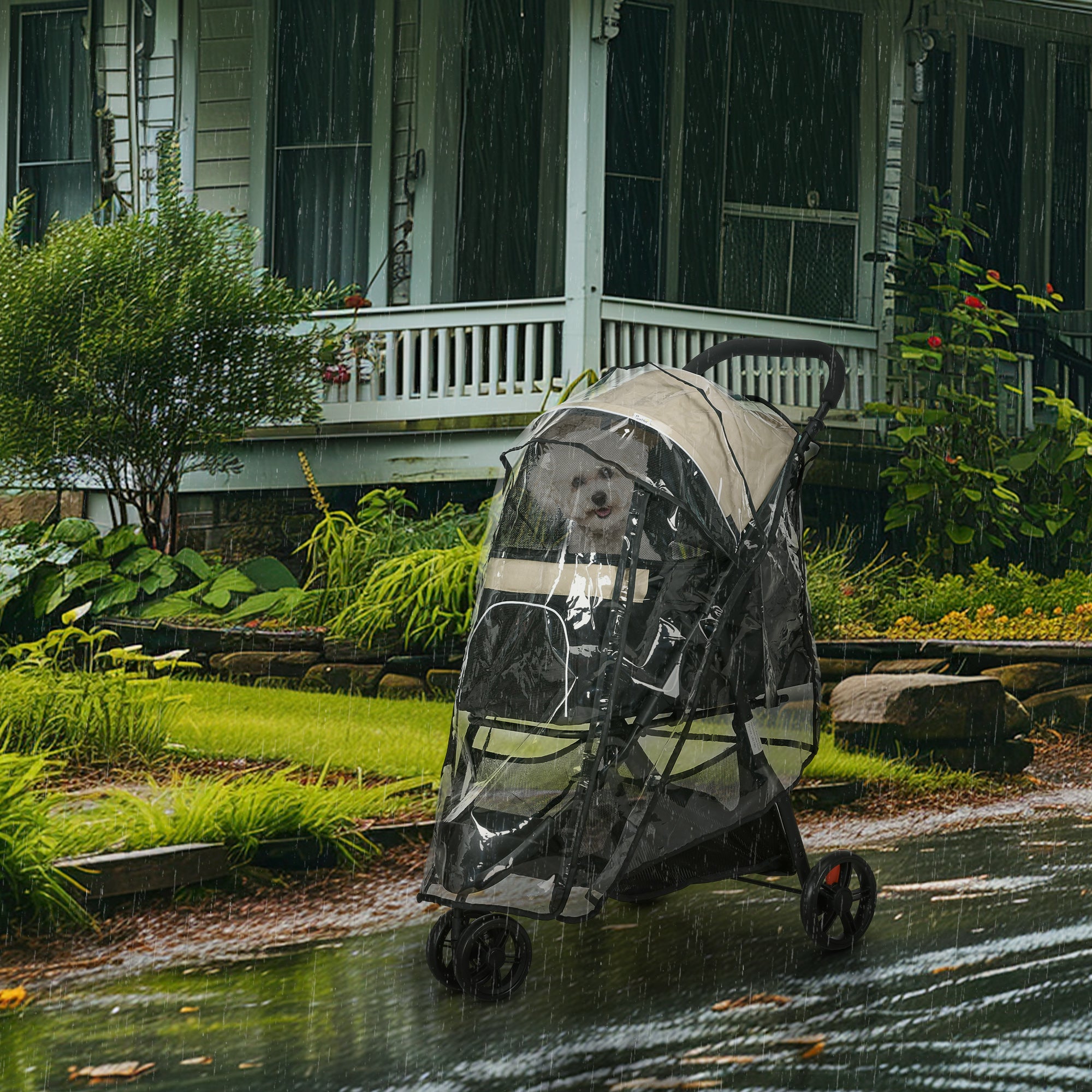 PawHut Foldable Pet Stroller w/ Rain Cover, for XS Dogs, S Dogs - Khaki 