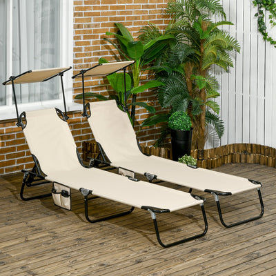 Outsunny 2 Piece Folding Sun Loungers with Canopy, Adjustable Recliner Garden Chairs with Side Pocket, Steel Frame and Breathable Mesh for Outdoor, Pool, Beach, Garden, Tan Brown 