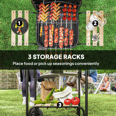 Outsunny Charcoal Barbecue Grill Portable BBQ Grill with 1840 cm² Cooking Area, 3 Shelves, Adjustable Vent, Lockable Lid, Wheels for Outdoor Cooking, Garden Party, Red 