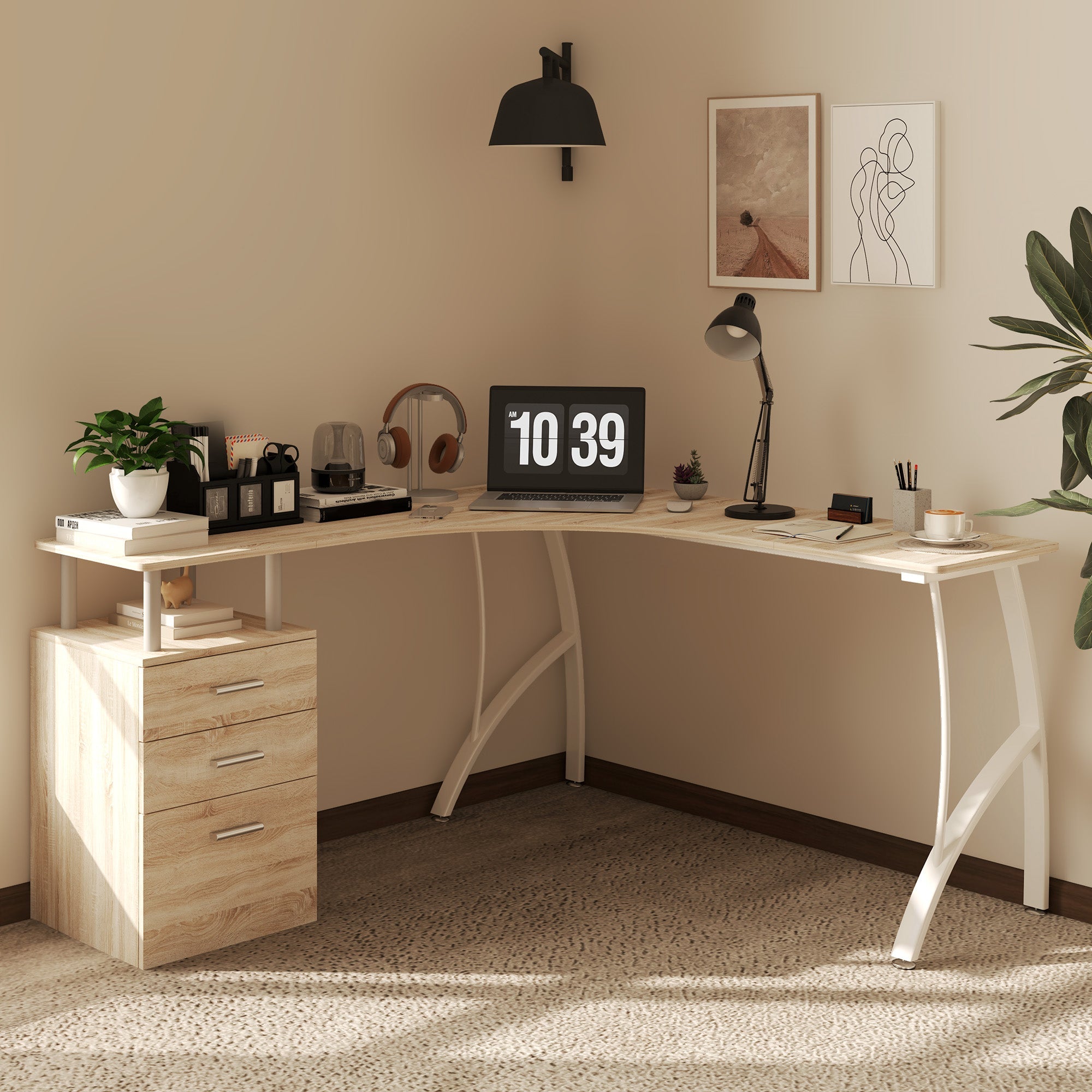 HOMCOM L-Shaped Computer Desk Table with Storage Drawer, Home Office Desk Corner Industrial Style Workstation for A4 Files 143.5 x 143.5 x 76cm, Oak 