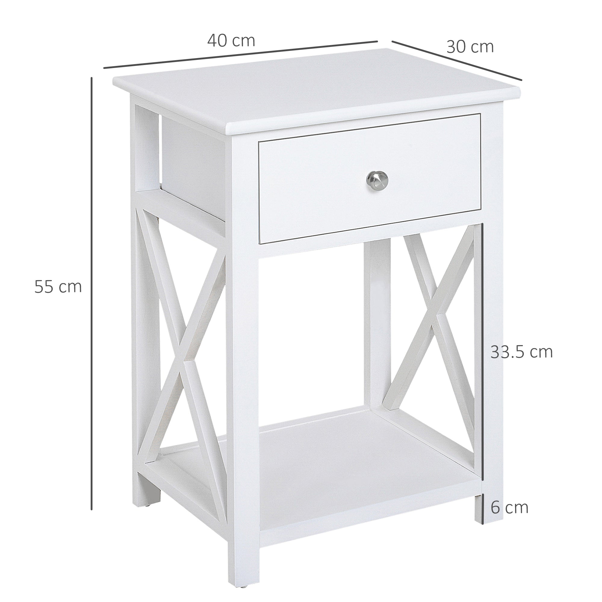 HOMCOM End Table, Sofa Side Table with Drawer X Bar Bottom Storage Shelf, Nightstand Bedside Table for Bedroom or Living Room White 